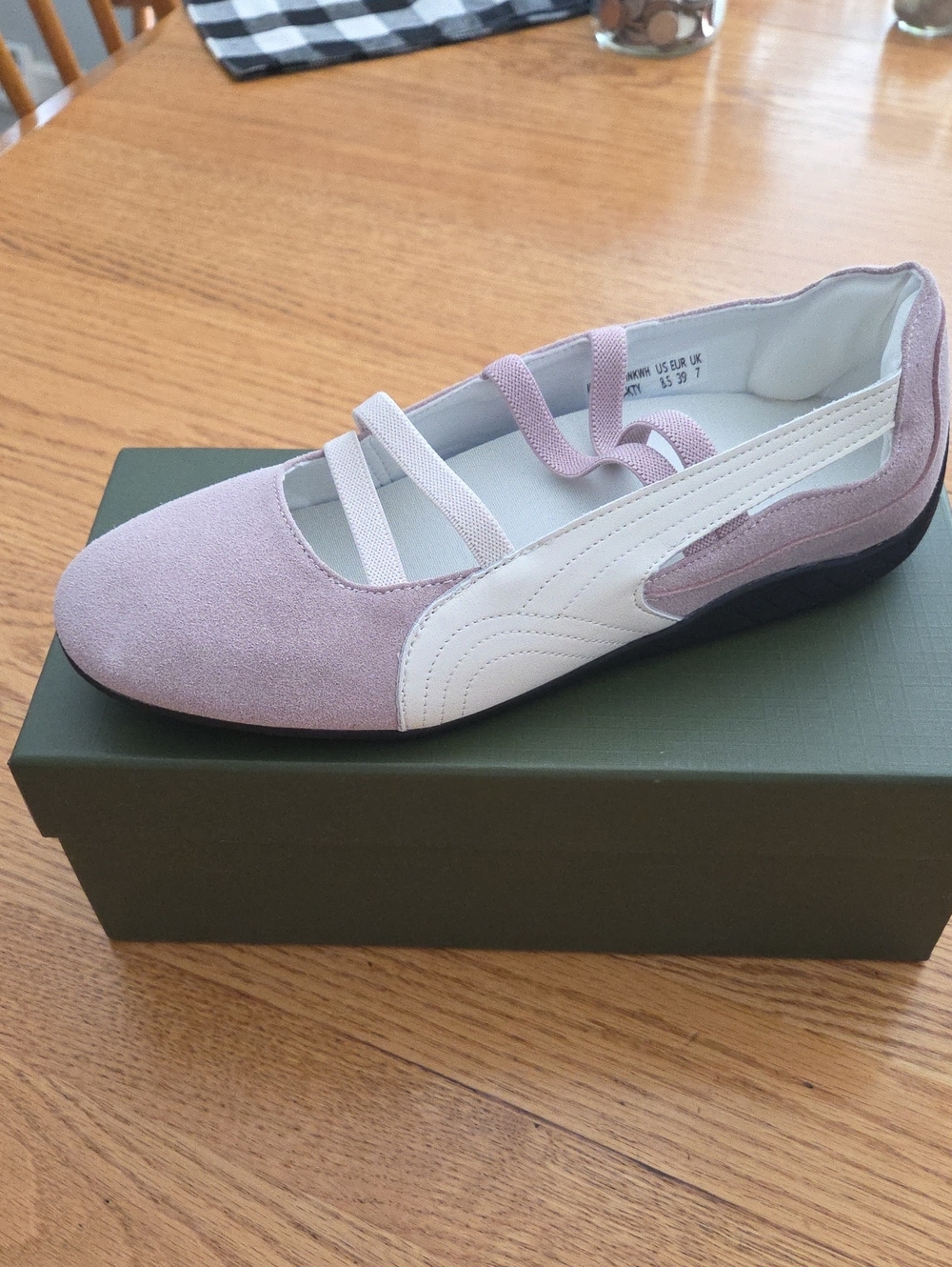 iiimmu Lavender Suede Mary Jane Flat with White/ Lav Stripe Strap and Black Sole